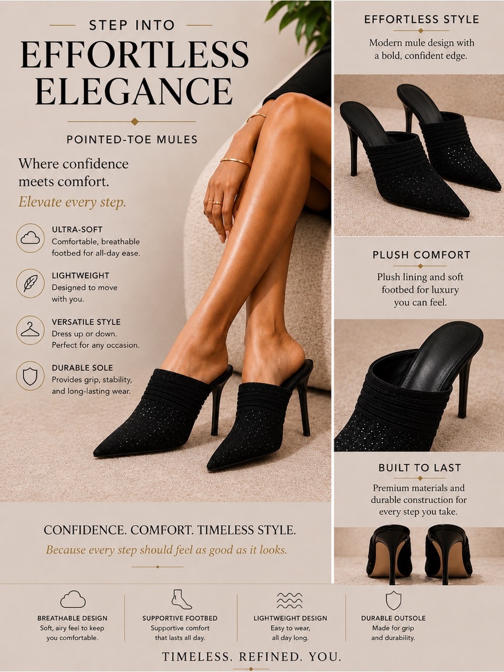Pointed-Toe Black Mules — Elegant Women's Heels